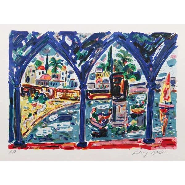 Artist: Amos Yaskil, Israeli (1935 - ) Title: Untitled - Seaside City View Medium: Lithograph, signed and numbered in...