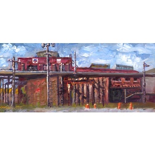 Burnham Yards by Delton Demarest | Oil on Board Painting of an industrial yard with buildings. For Sale