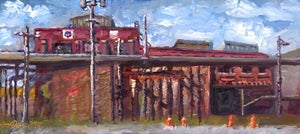Burnham Yards by Delton Demarest | Oil on Board Painting of an industrial yard with buildings.