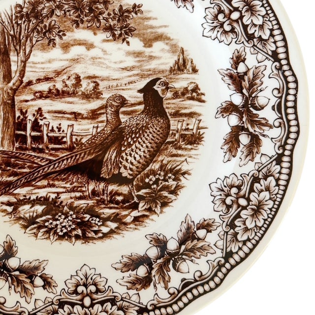 2020s Royal Stafford English Brown Transferware Pheasants & Acorns Thanksgiving Dinner Plates - Set of 12 For Sale - Image 5 of 7