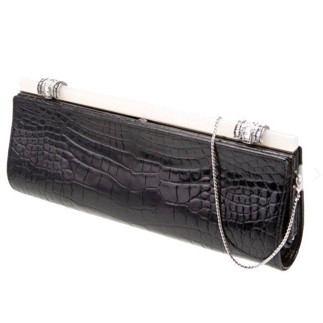 Judith Leiber 2004 Judith Leiber Alligator Leather Embossed Lucite Crystal Art Deco Baquette Evening Clutch ShoulderBag For Sale - Image 4 of 18