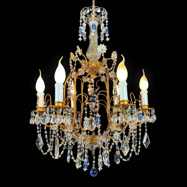 Chandelier in Golden Iron and Light Blue Crystals, 1950s For Sale - Image 3 of 14