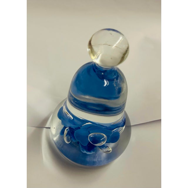 Joe St. Clair Art Glass Bell Shaped Paperweight Blue Flowers Light and Navy Blue For Sale - Image 4 of 11