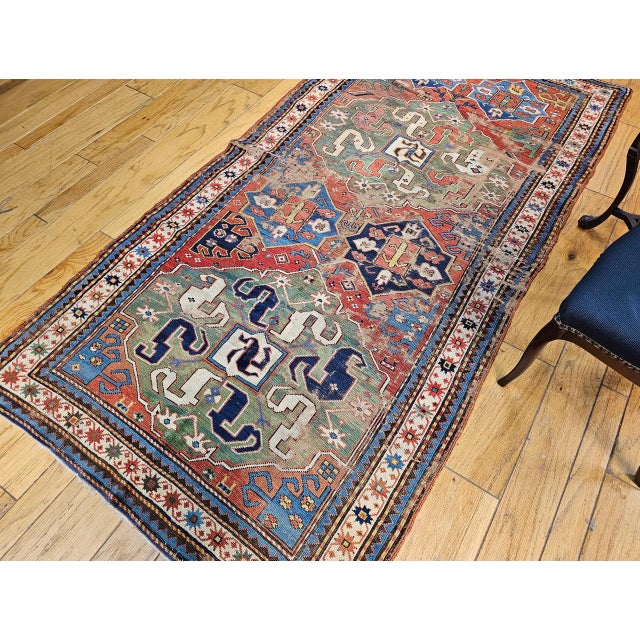 Red Mid-19th Century Caucasian Cloudband Karabagh Carpet, Hand-Knotted Wool, Green & Blue, 5' x 9' For Sale - Image 8 of 17