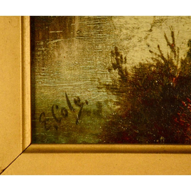 Late 19th Century Antique E. Cole Oil on Canvas Sunset Cottage Landscape For Sale - Image 5 of 9