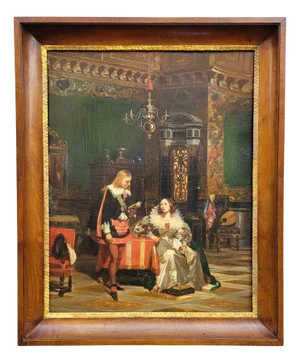 Reading, Interior Scene, 1800s, Oil on Canvas, Framed