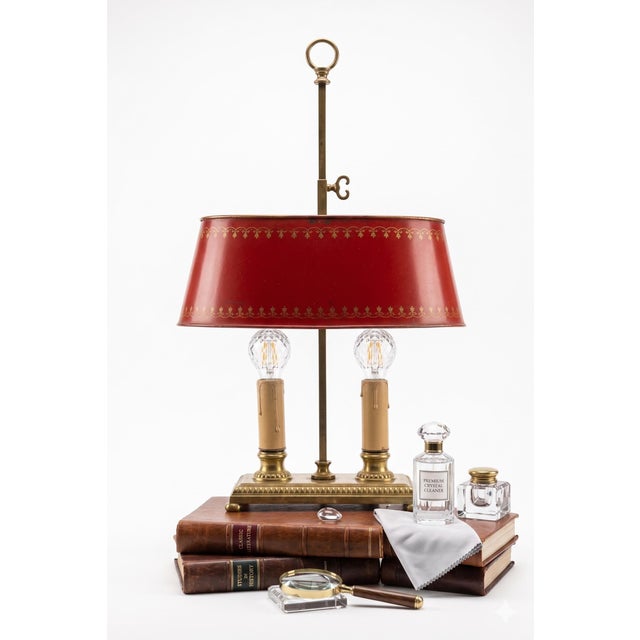 Brass Bouillotte Table Lamp with Red Tole Shade, 1950s For Sale - Image 3 of 15