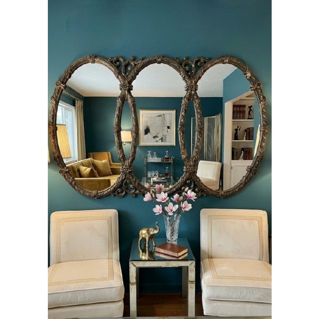 1970s Vintage Oval Ornate Triple Hollywood Regency Triptych Glamour Wall Mirror For Sale - Image 5 of 10