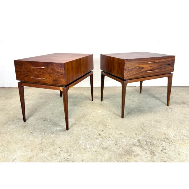 Mid Century Modern Two-Drawer Walnut Nightstands / Side Tables Restored For Sale - Image 4 of 12