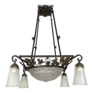 French Art Deco Chandelier, Wrought Iron Etched Glass Light Fixture Signed Muller Frères