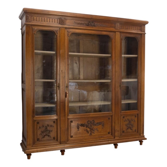 French Louis XVI Oak and Walnut Three Doors Vitrine Bookcase, 1900 For Sale