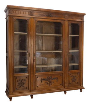 French Louis XVI Oak and Walnut Three Doors Vitrine Bookcase, 1900