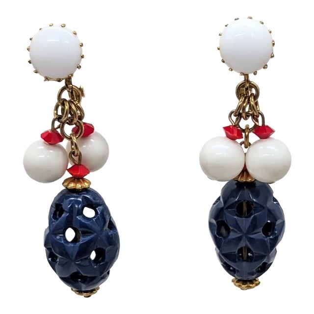 Vintage 1960s Signed Hobé Blue, White & Red Beaded Drop Clip Earrings- 2 Pieces For Sale