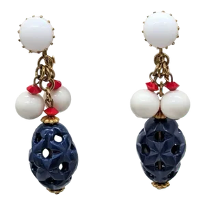Vintage 1960s Signed Hobé Blue, White & Red Beaded Drop Clip Earrings- 2 Pieces