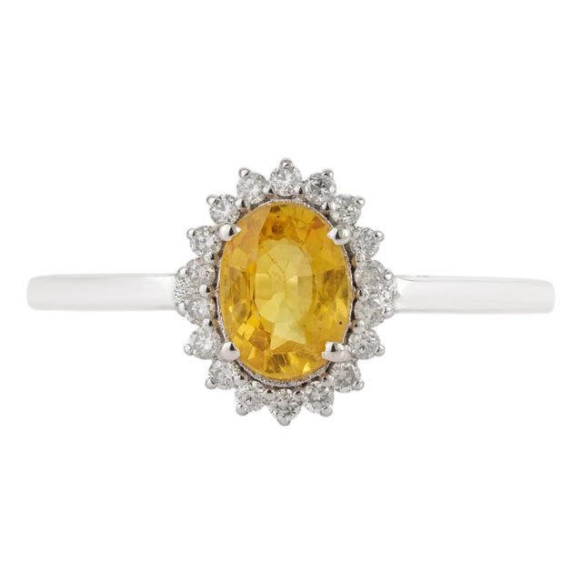 Oval Yellow Sapphire & Diamond Halo Vintage Ring in 14k White Gold Size 5.5 For Sale