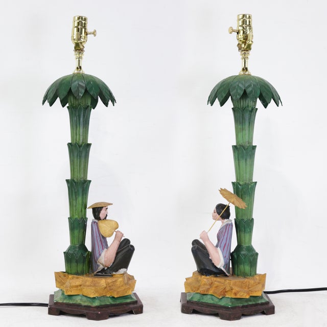 Chinoiserie Pair of Vintage Hand-Painted Chinoiserie Tole Palm Tree and Figurine Table Lamps For Sale - Image 3 of 12