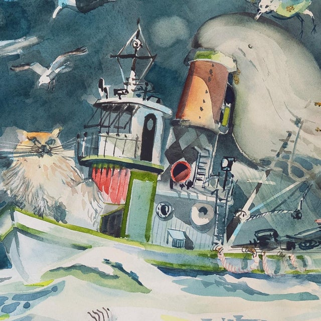 'Out at Sea', Children's Animal Adventure Fantasy Seascape, Cat and Seagulls For Sale In Monterey, CA - Image 6 of 10