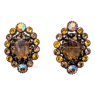 Vintage 1960s Signed Kramer of Ny Faux-Topaz & Orange Aurora Borealis Clip Earrings-2 Pieces For Sale