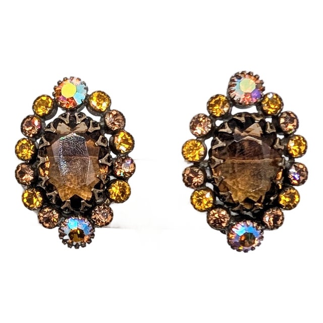 Vintage 1960s Signed Kramer of Ny Faux-Topaz & Orange Aurora Borealis Clip Earrings-2 Pieces For Sale