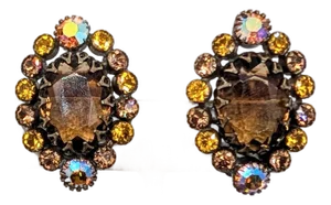 Vintage 1960s Signed Kramer of Ny Faux-Topaz & Orange Aurora Borealis Clip Earrings-2 Pieces