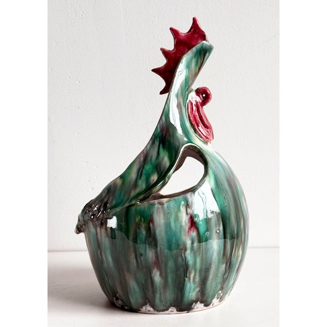 Mid Century Italian Majolica Ceramic Rooster Basket / Cachepot Planter For Sale - Image 4 of 7