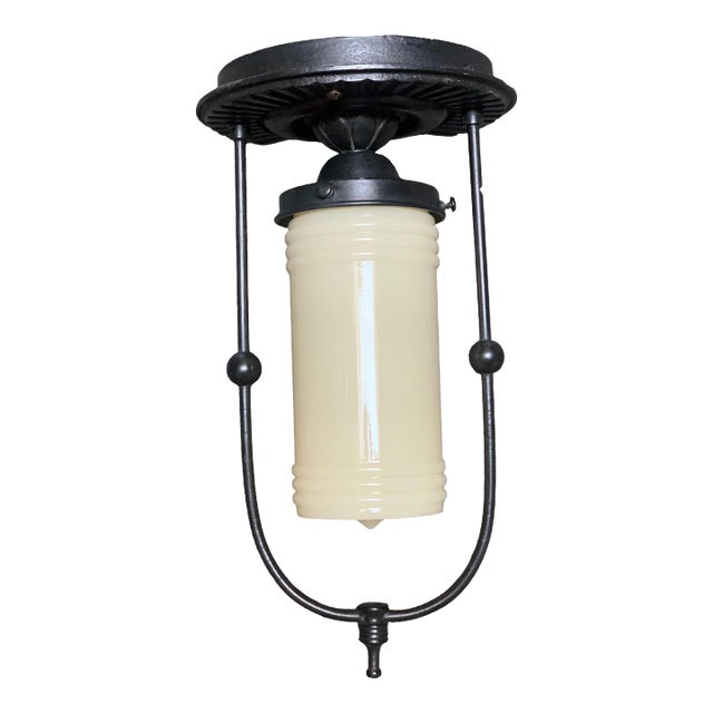 Cast Iron, Brass and Custard Glass Pendant Circa 1930 For Sale