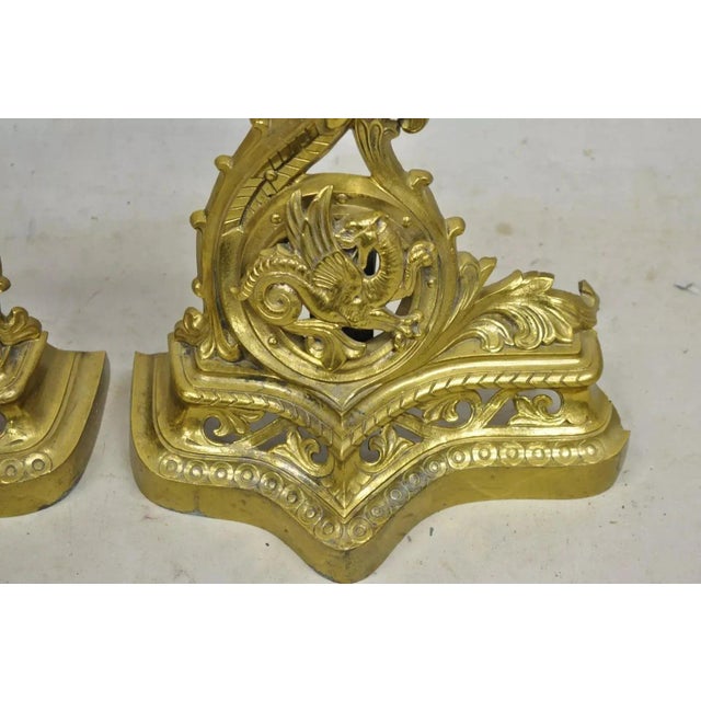 Vintage French Baroque Style Brass Figural Andirons With Dragon Griffins - Pair For Sale - Image 9 of 12