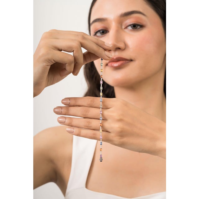 Metal 4.38ct Rainbow Multi Sapphire & Diamond Tennis Bracelet in 14k White Gold 6.5 Inch For Sale - Image 7 of 13