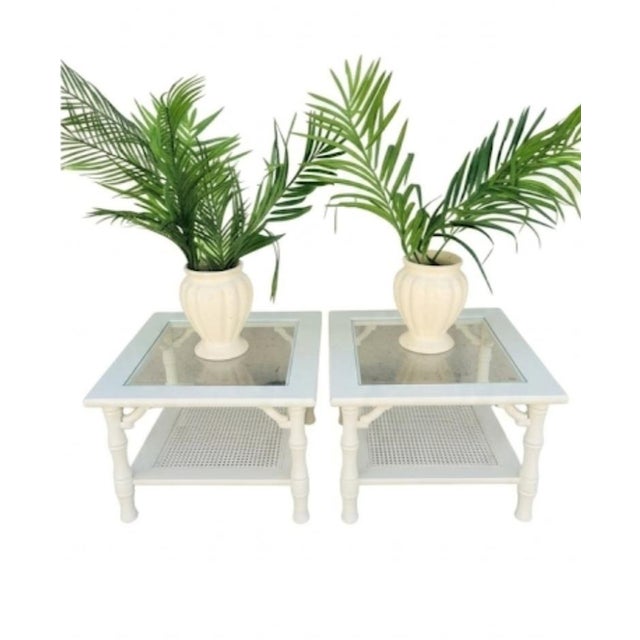 1970s Vintage Mersman Faux Bamboo Cane Palm Beach White Glass Top Side Tables- a Pair For Sale - Image 5 of 11