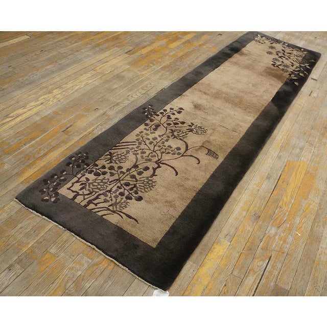 1920s Chinese Art Deco Runner Carpet ( 2'6'' x 8'10'' - 76 x 269 ) Antique Art Deco Hallway Runner Wool Brown, Ivory Beige...