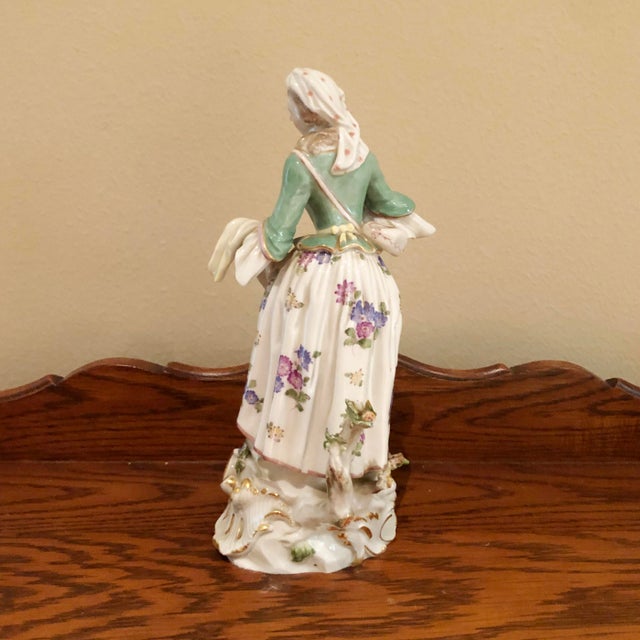 Ceramic Antique Meissen Porcelain Figurine, Standing Woman With Basket & Dog For Sale - Image 7 of 15