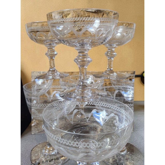 1920s 20th Century Engraved Crystal Champagne Coupes, 1920, Set of 9 For Sale - Image 5 of 8