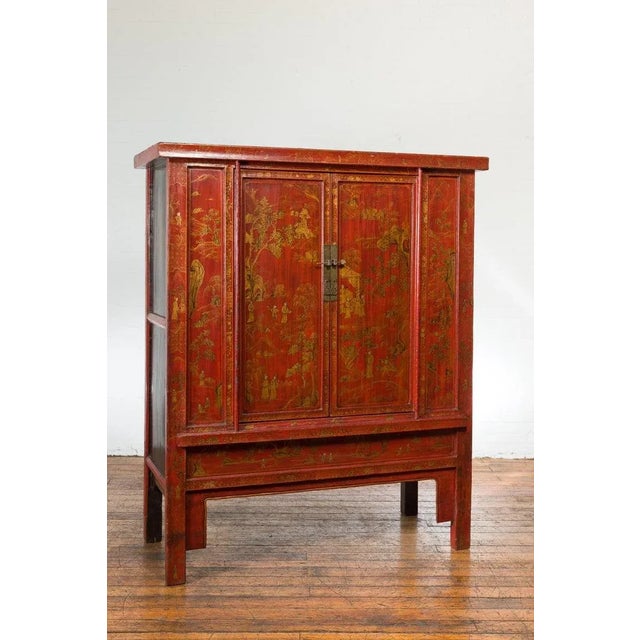 19th Century Large Chinese Qing Dynasty Red Lacquer Armoire with Gilt Décor For Sale - Image 4 of 13