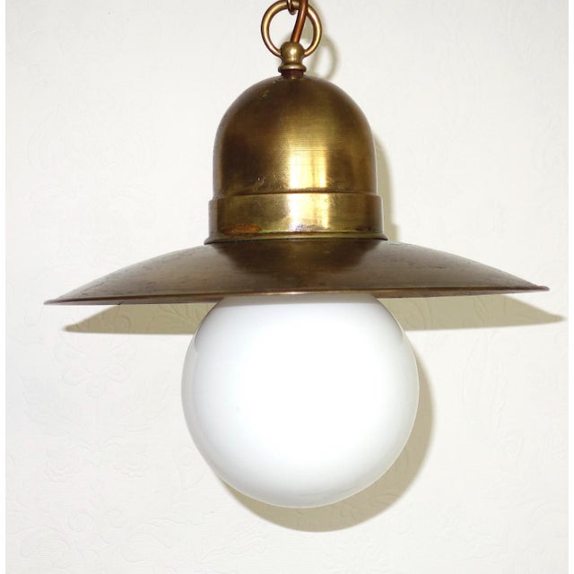 Mid-Century Modern Antique Brass and Glass Pendant Lamp, 1950s For Sale - Image 3 of 9