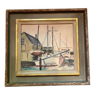 1960’s Original Sailing New England Seaport Watercolor Painting Original Heydenryk Frame For Sale
