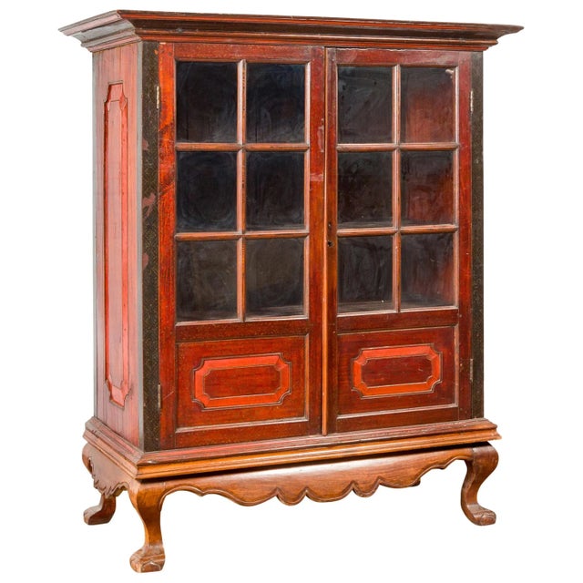 Dutch Colonial Antique Lacquered Wood Cabinet with Glass Doors and Cabriole Legs For Sale - Image 13 of 13