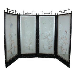 2000s Chinese Style Hand-Painted Bamboo Border Four Panels Screens For Sale