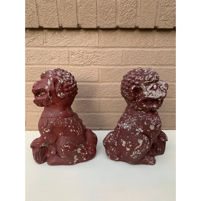 Stone Antique Chinoiserie Cast Stone Foo Dogs With Timeworn Painted Finish, Pair For Sale - Image 7 of 9