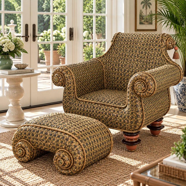 Vintage MacKenzie Childs Wicker Rattan Armchair and Ottoman Empire Collection For Sale - Image 10 of 11