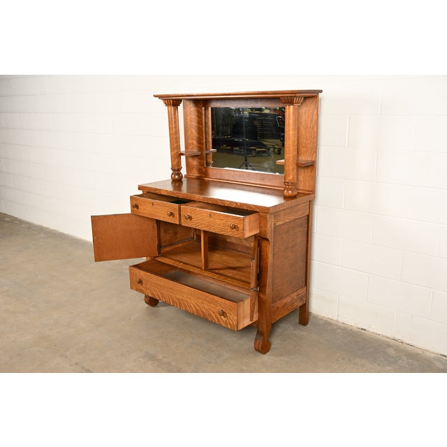 Antique American Empire Tiger Oak Sideboard With Mirrored Backsplash, Circa 1900 For Sale In South Bend - Image 6 of 15