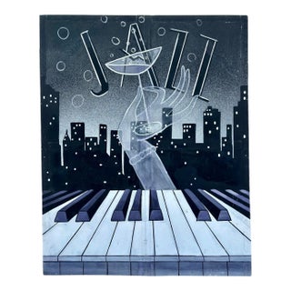 12' Foot Hand Painted Jazz Cityscape Oil on Canvas Screen For Sale
