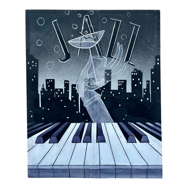 1980s Hand Painted Jazz Cityscape Oil on Canvas Screen For Sale