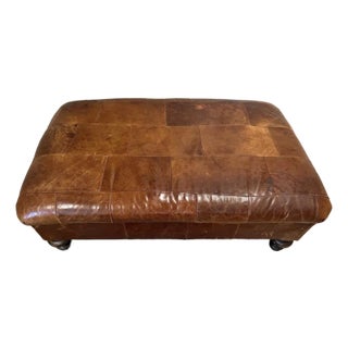 Vintage Leather Patch Ottoman From Retired Restoration Hardware Collection For Sale