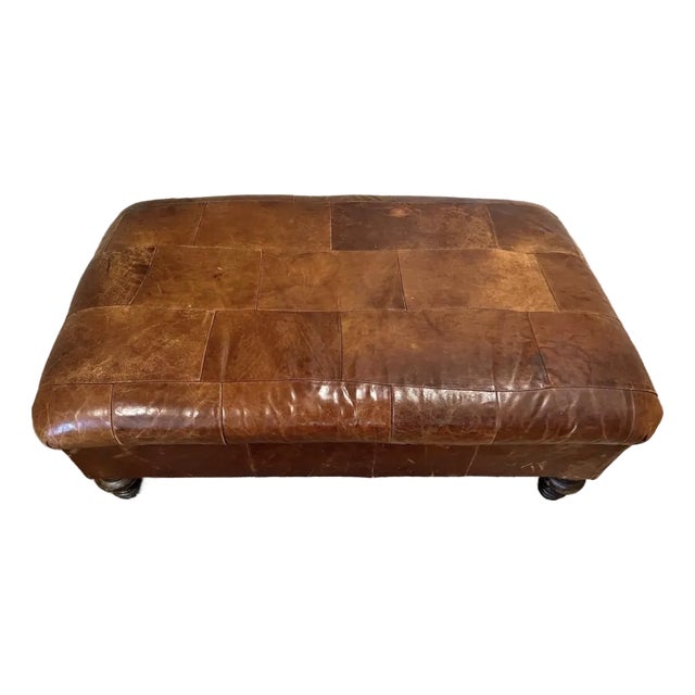 Vintage Leather Patch Ottoman From Retired Restoration Hardware Collection For Sale