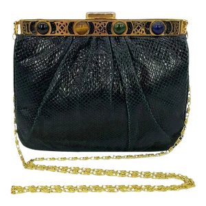 Judith Leiber Navy Blue Lizard Gemstone Top Handbag