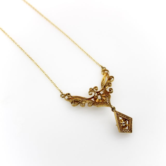 Late 19th Century Victorian 14k Gold Filigree and Old European Cut Diamond Pendant Necklace For Sale In Los Angeles - Image 6 of 9