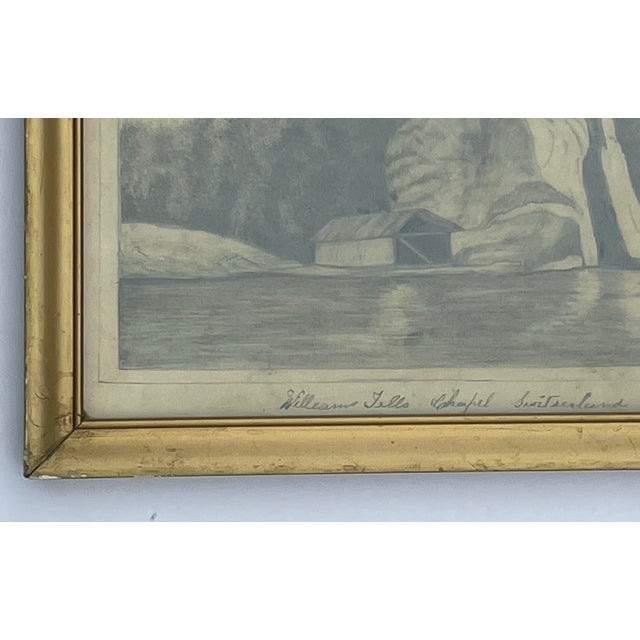 Pencil drawing of a Switzerland chapel completed in 1856. It is displayed in a slightly weathered gold plaster/wood frame....