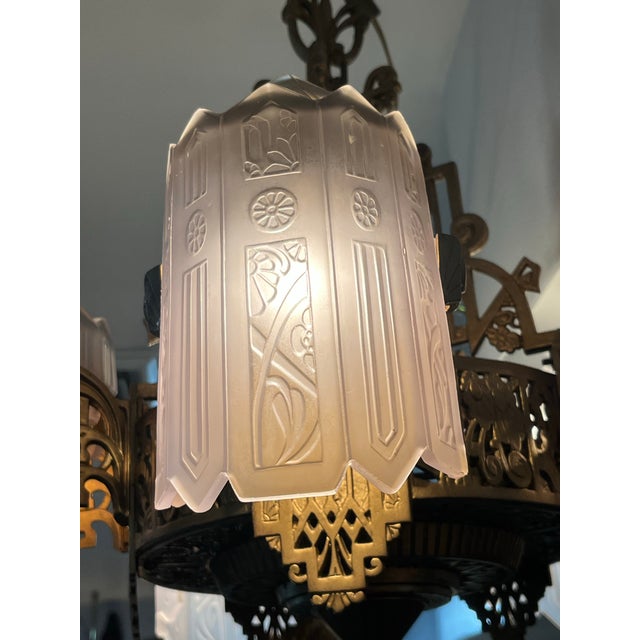 Brass 1932 Grande Dame of American Art Deco Lighting, Lincoln Chandelie For Sale - Image 8 of 10