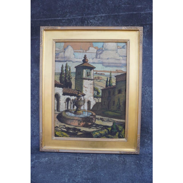 Figurative Hernando Villa Mixed Media on Board Landscape With Church C 1927, Framed For Sale - Image 3 of 7