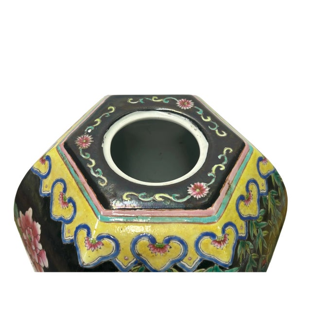 Oriental Vintage Black Base Color Flower Bird Hexagonal Porcelain Jar For Sale - Image 4 of 7